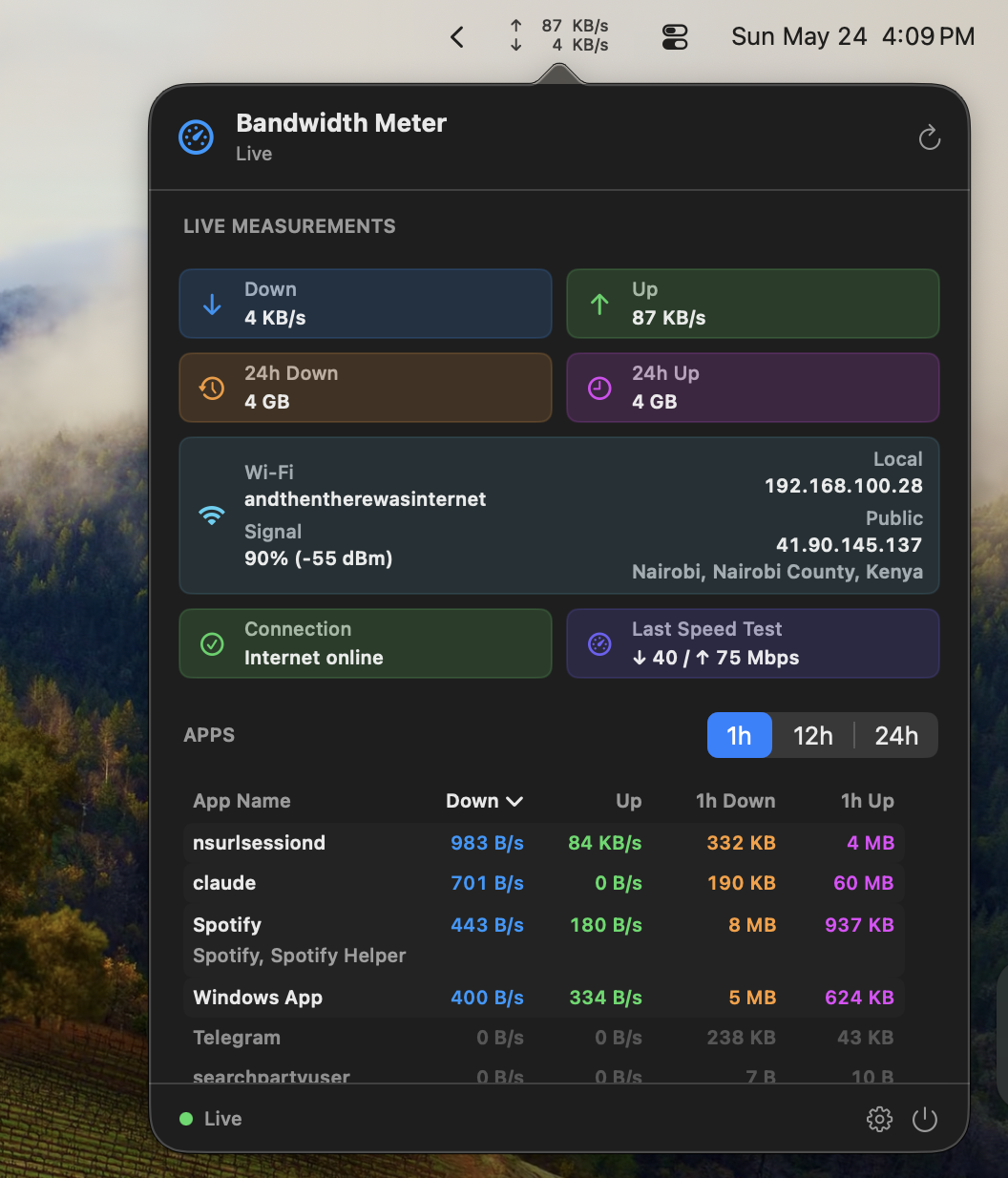 Bandwidth Meter popover showing live measurements, Wi-Fi and IP details, latest speed test, and a per-app traffic table with 1-hour, 12-hour, and 24-hour rolling windows.