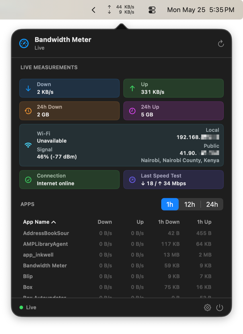 Bandwidth Meter popover with live up/down rates, Wi-Fi and IP details, and per-app traffic.