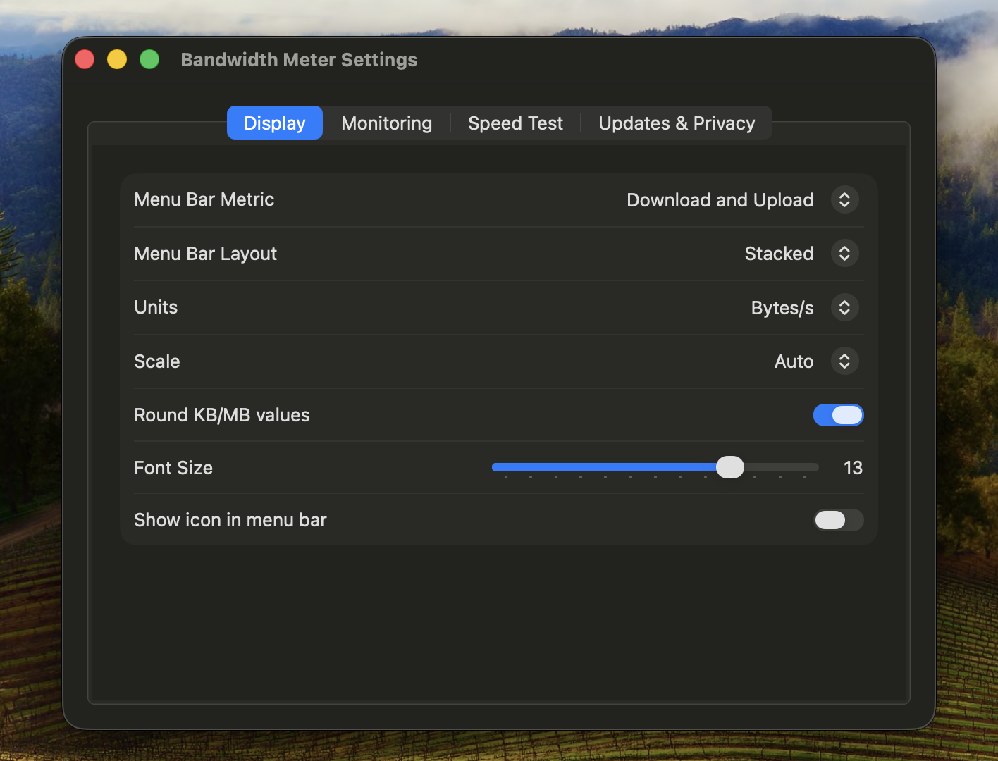 Bandwidth Meter Settings panel — Display tab with menu bar metric, layout, units, scale, rounding, and font size.