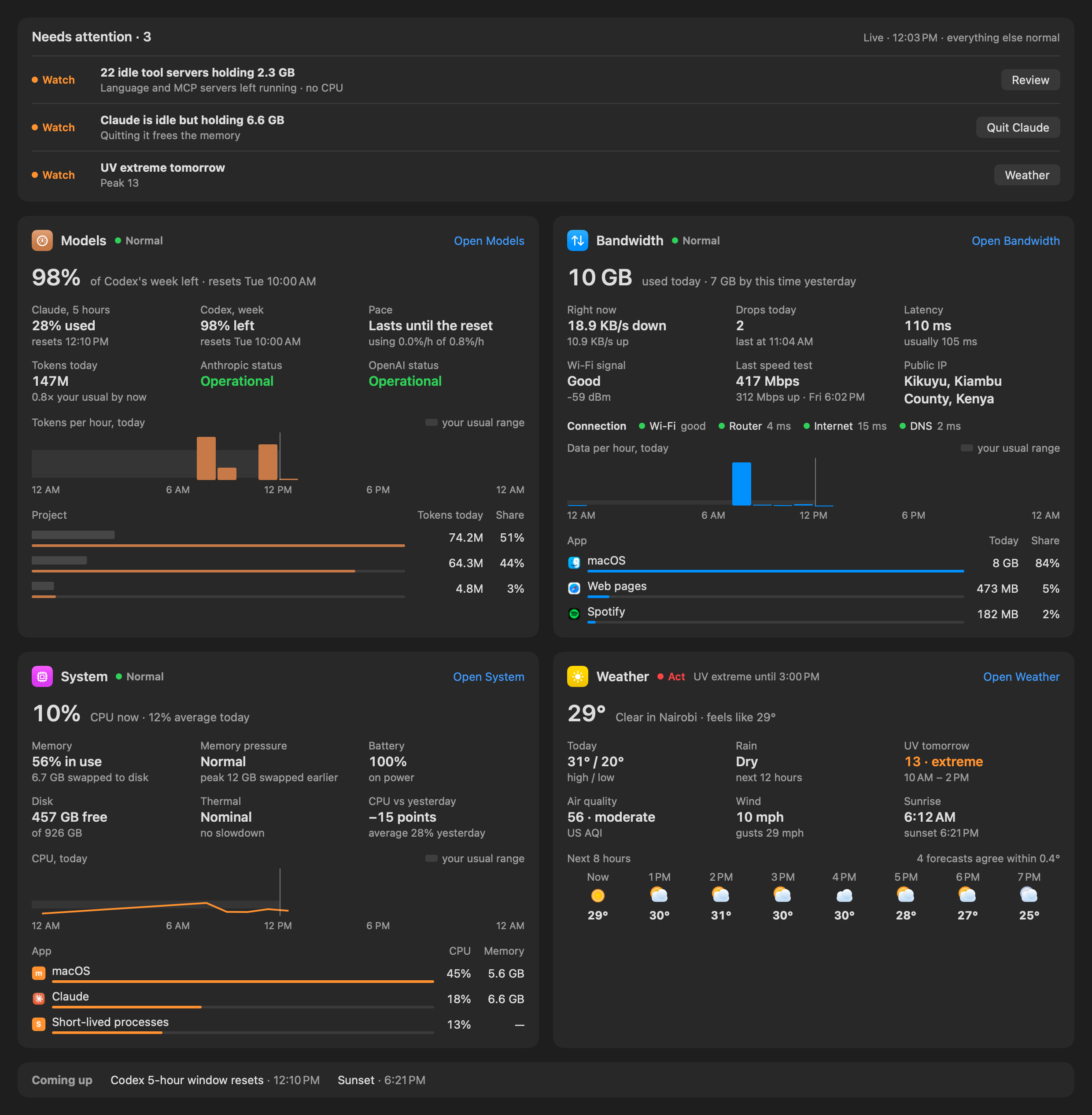 The Infometers Overview window: a Needs attention list above four panels for Models, Bandwidth, System and Weather.