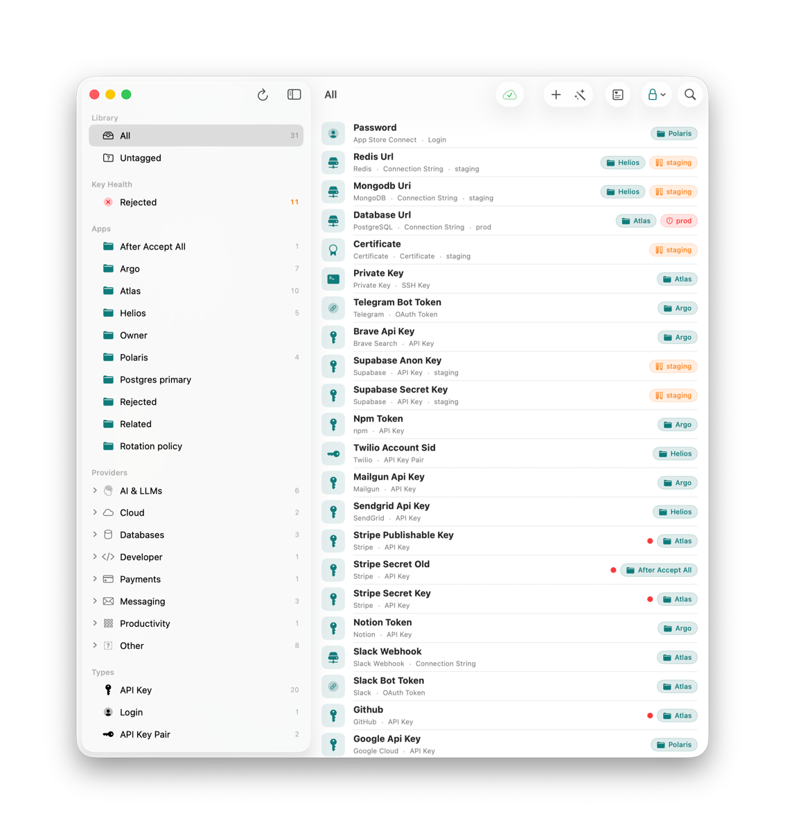 The Keys app — a vault for developer credentials.