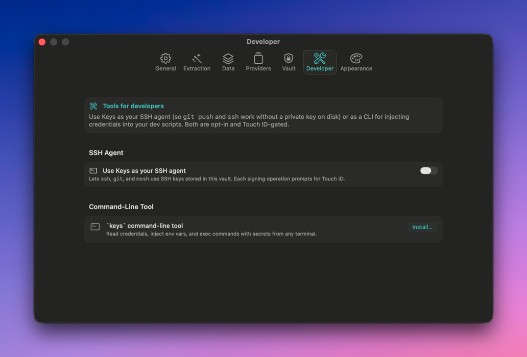 Settings → Developer pane in Keys for macOS, showing SSH agent and CLI install options.