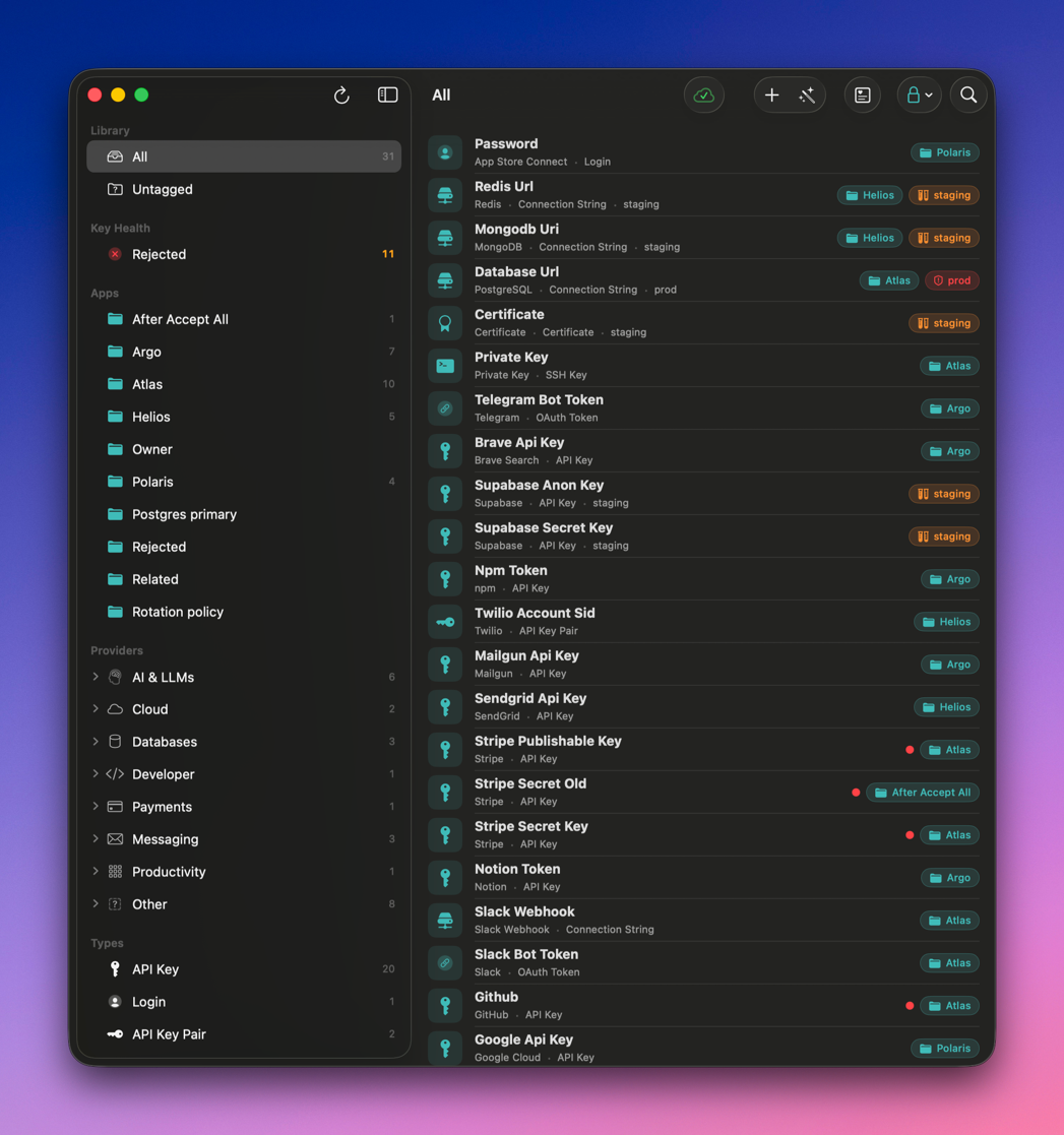 Keys for macOS — main library with apps, environments, and types in the sidebar.