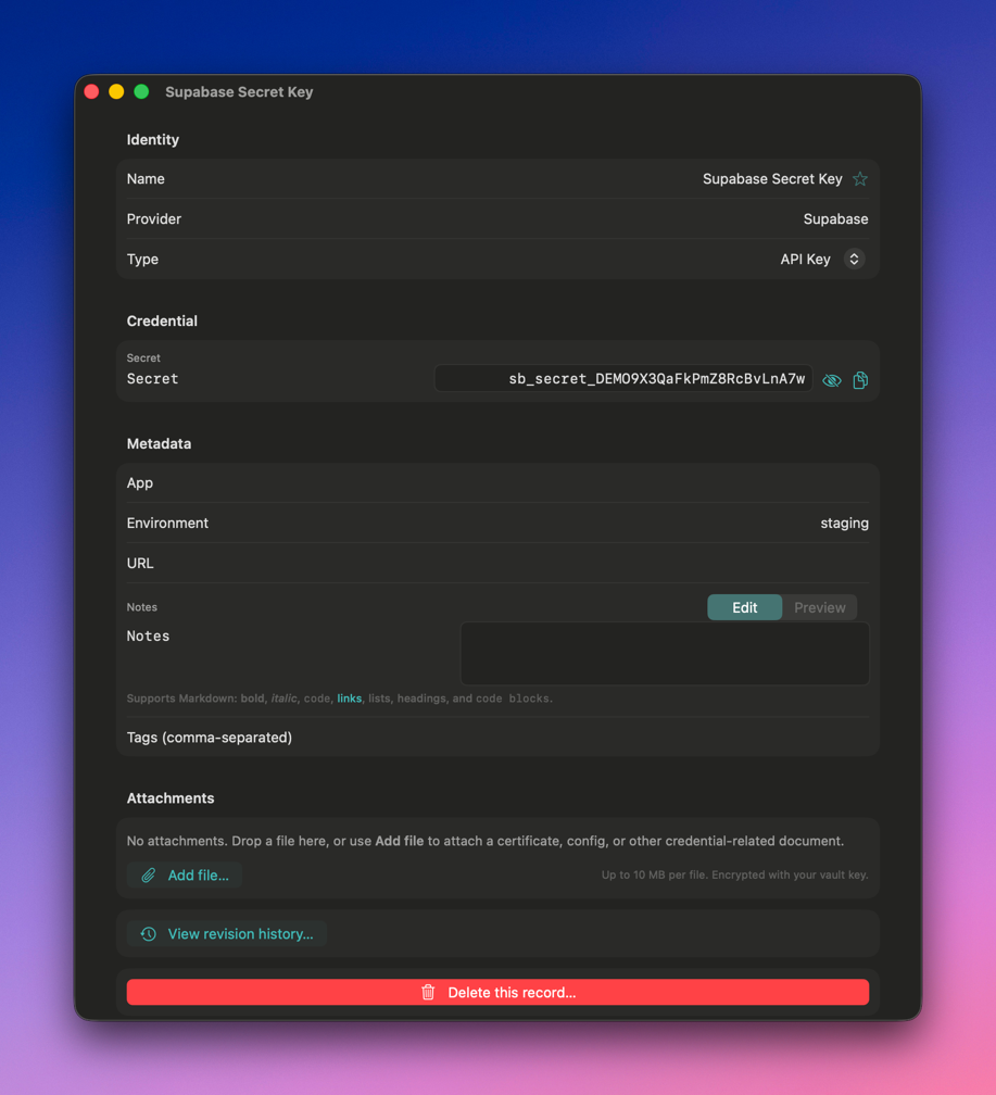 The Supabase Secret Key record open in Keys, showing identity, credential, metadata, attachments, and revision history.