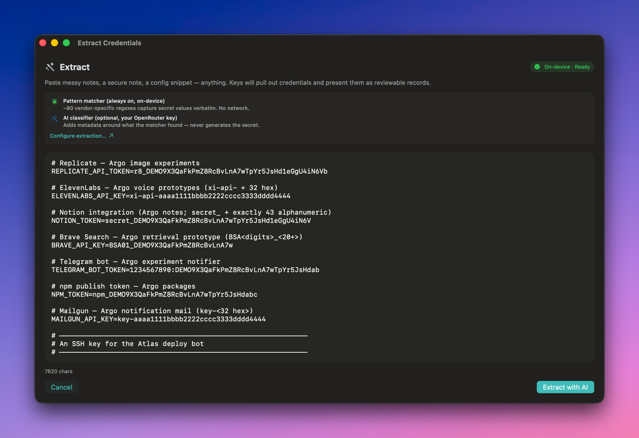 Keys' Extract Credentials view, with a pasted .env block and detected provider classifications.