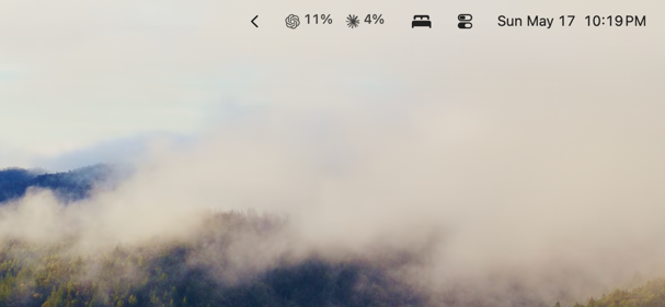 Model Meter showing 11% Codex used and 4% Claude used in the macOS menu bar.