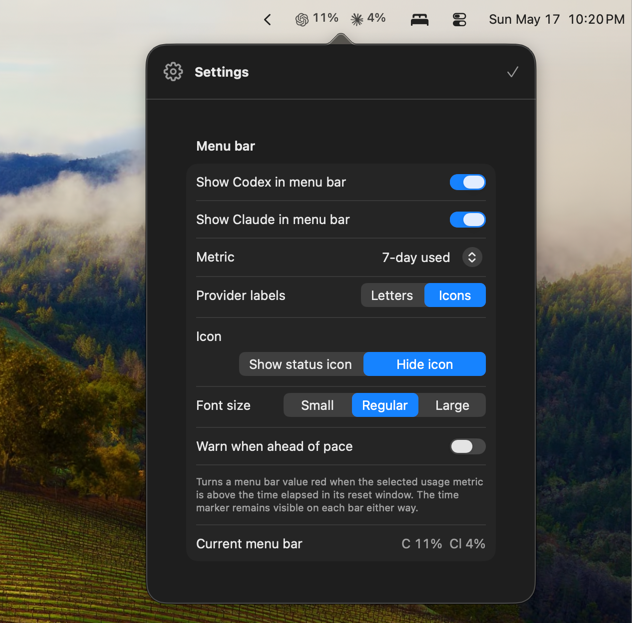 Model Meter settings panel showing menu bar configuration options.