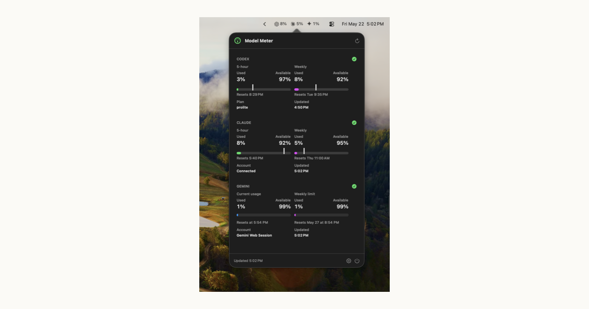 Model Meter — Codex, Claude & Gemini usage in your menu bar.